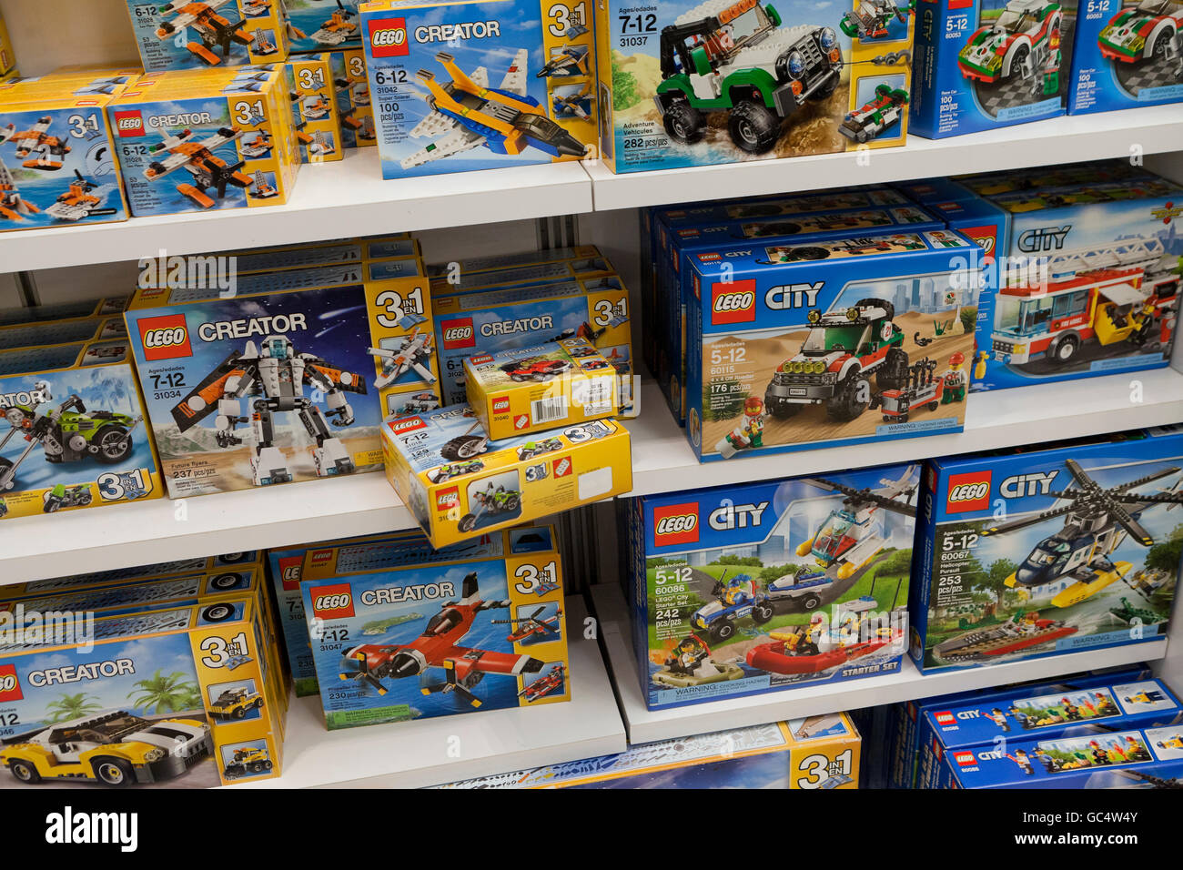 LEGO toys on display on shelves at toy store - USA Stock Photo