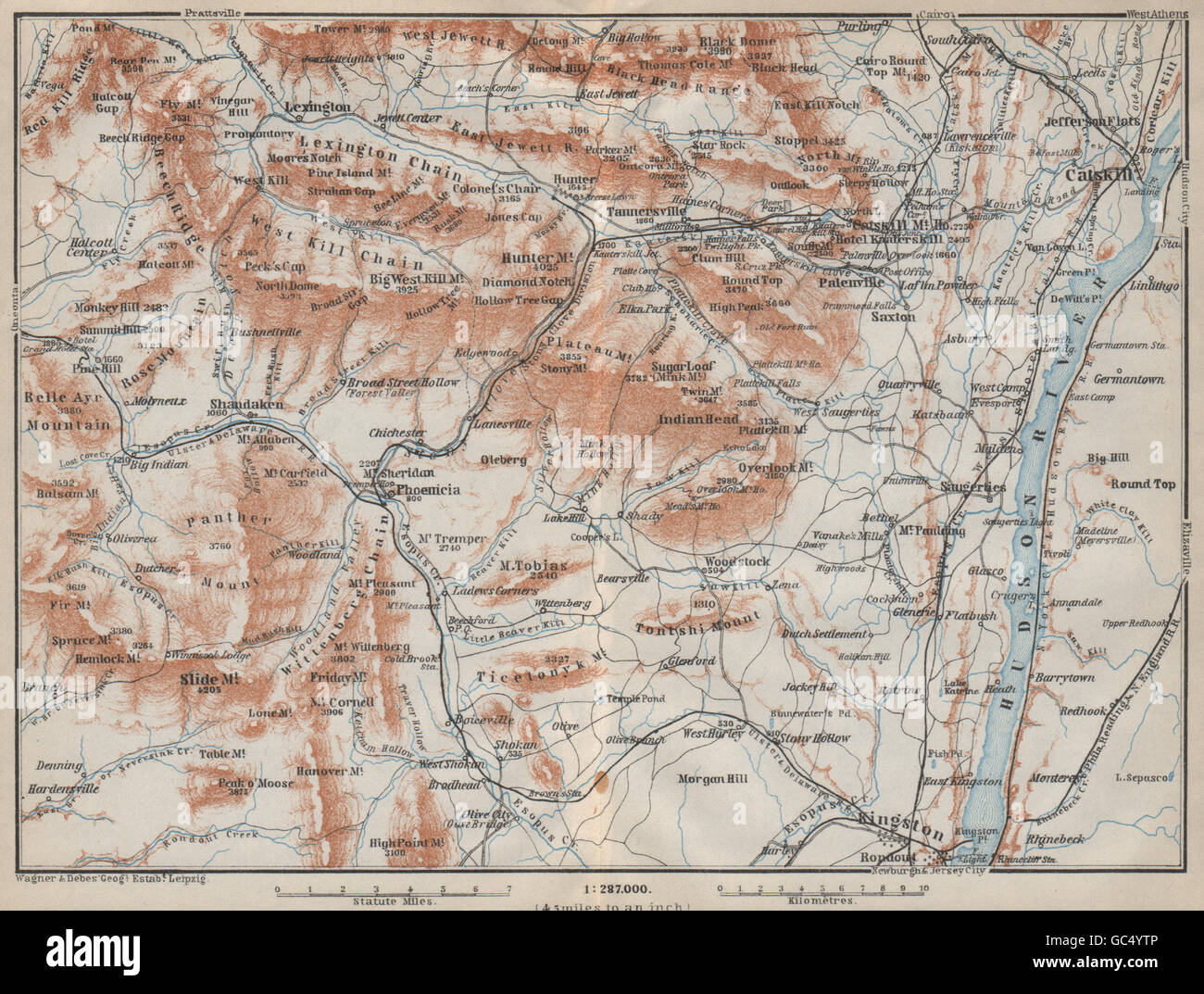 THE CATSKILL MOUNTAINS . New York State. Hudson River. BAEDEKER, 1909 old map Stock Photo