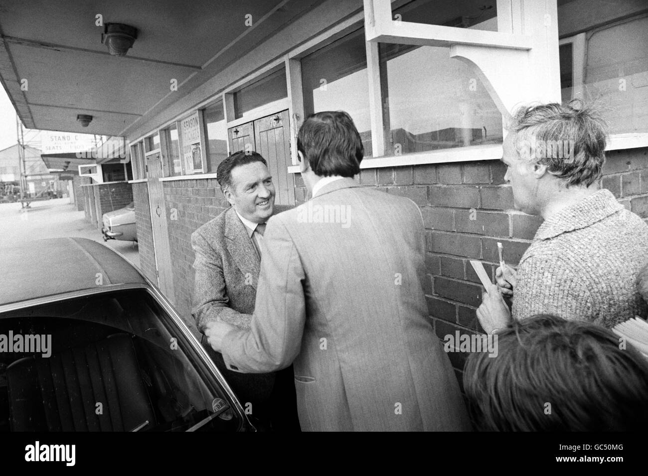Jock Stein (l) is greeted at Elland Road after being appointed the new Leeds United Manager. Stock Photo