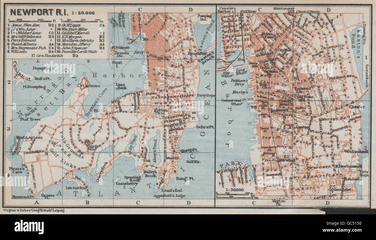 NEWPORT, RHODE ISLAND antique town city plan. BAEDEKER, 1909 antique map Stock Photo