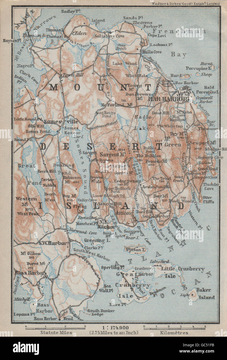 Map of bar harbor maine hi res - Mount Desert Island Maine Bar Harbor Baedeker 1909 Antique Map GC51FB 
