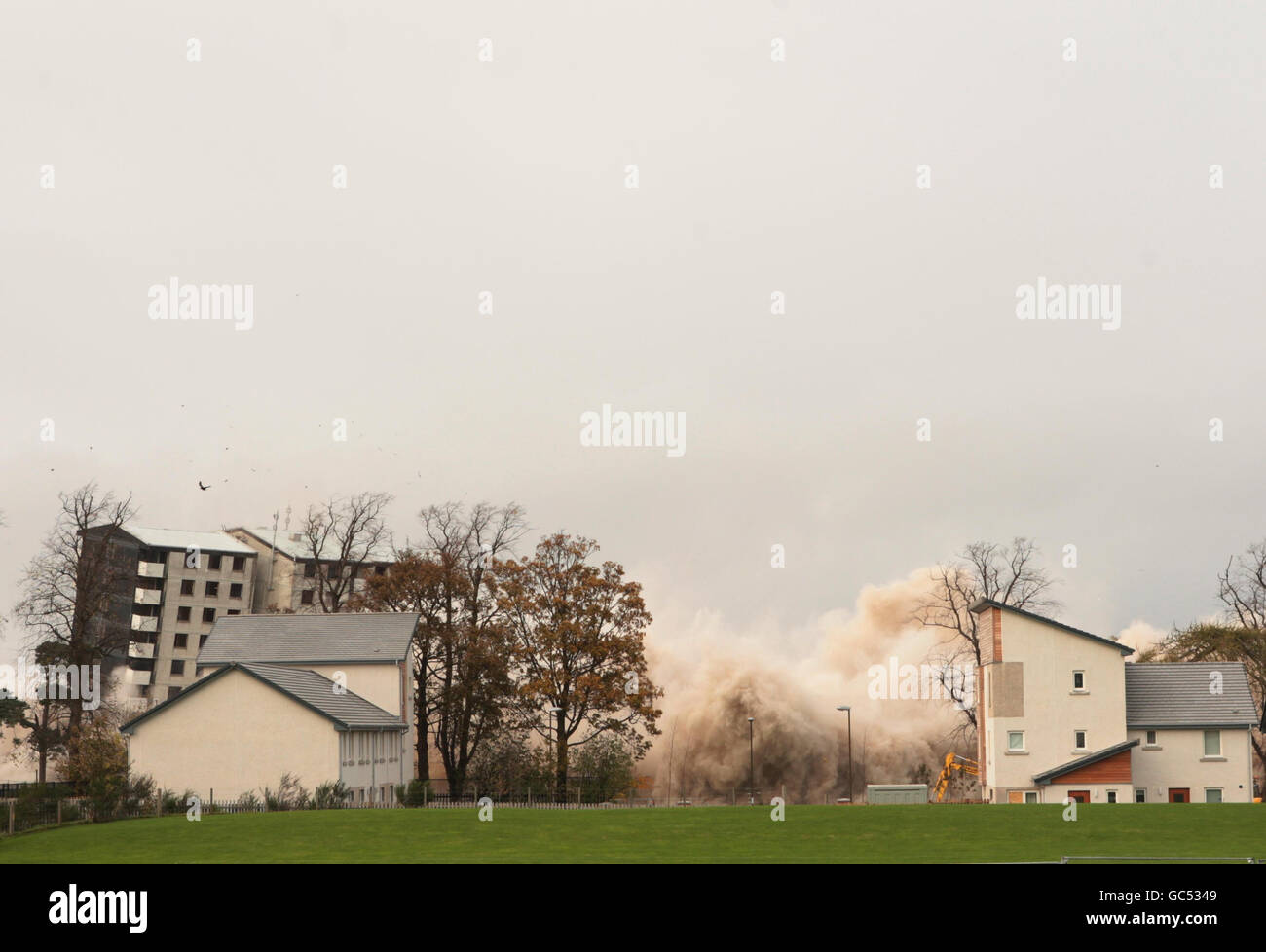 Three high-rise flats are demolished using controlled explosives on Lasswade road in Edinburgh. Stock Photo
