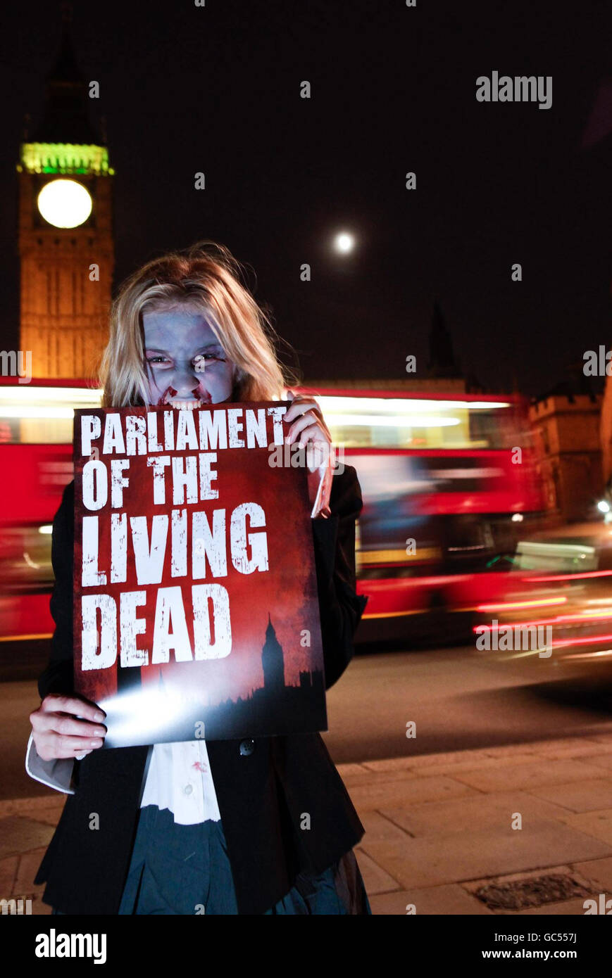 A campaigner dressed as an undead politician is pictured in Westminster protesting over Britain's 'Zombie Parliament.' Stock Photo