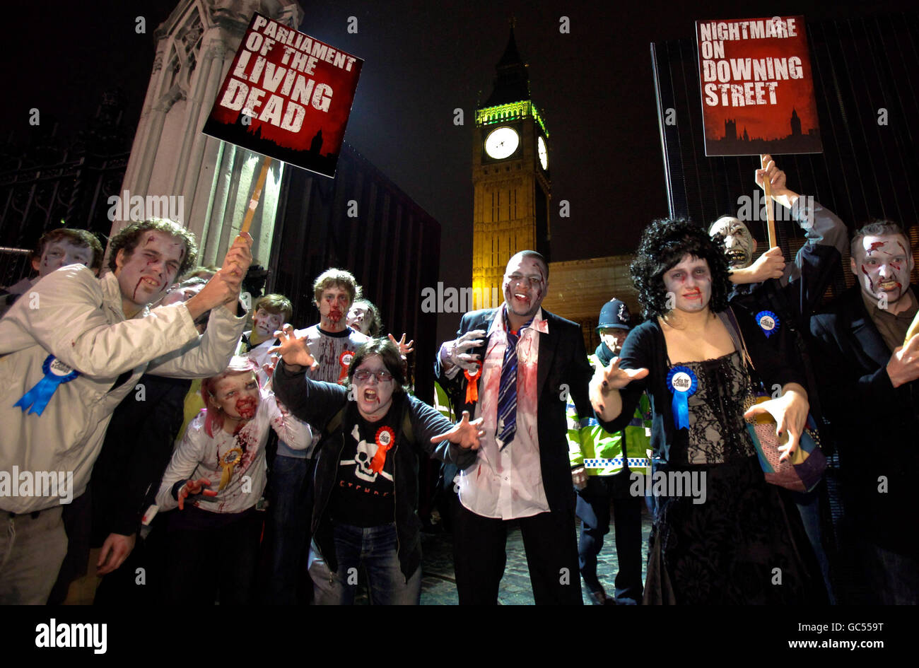 Campaigners dressed as undead politicians in Westminster protest over Britain's 'Zombie Parliament.' Stock Photo