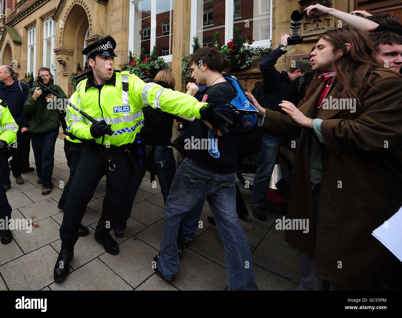 Anti facist demonstrators clash with police in Leeds during an anti facist protest. Stock Photo