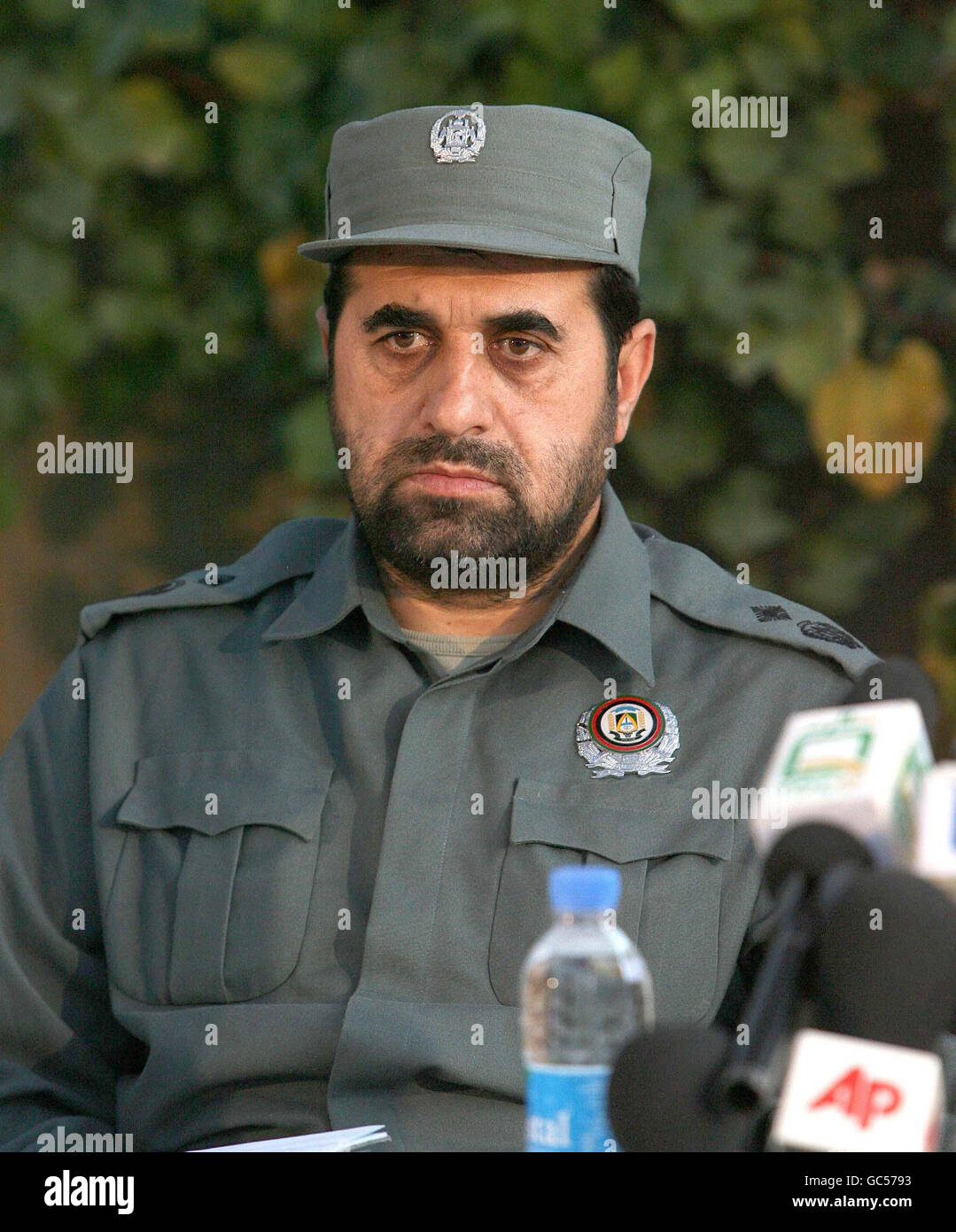 Brigadier General Mirwais Noorzai, deputy regional commander of police, during a press conference in Lashkar Gar, Afghanistan, after the Taliban claimed responsibility for the killing of five British soldiers by a rogue Afghan policeman. Stock Photo