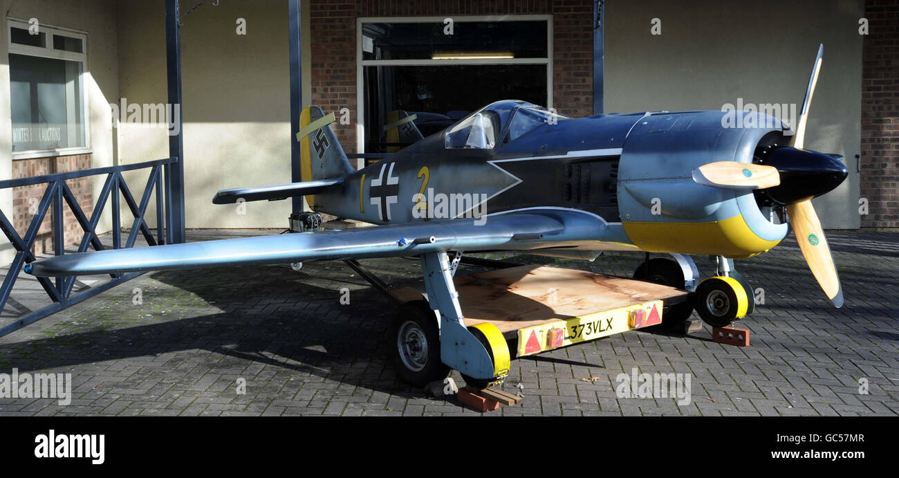 Airworthy half-scale replica Focke-Wulf FW 190 fighter plane at the auctioneers in South Cerney, where it failed to sell yesterday. Stock Photo