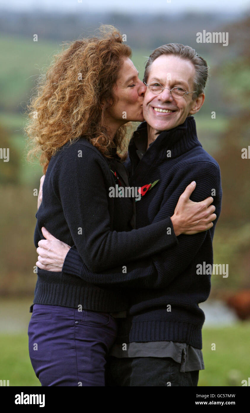 Freed mercenary Simon Mann, receives a kiss from his wife Amanda, in the English countryside following his pardon and release from the Government of Equatorial Guinea. Stock Photo