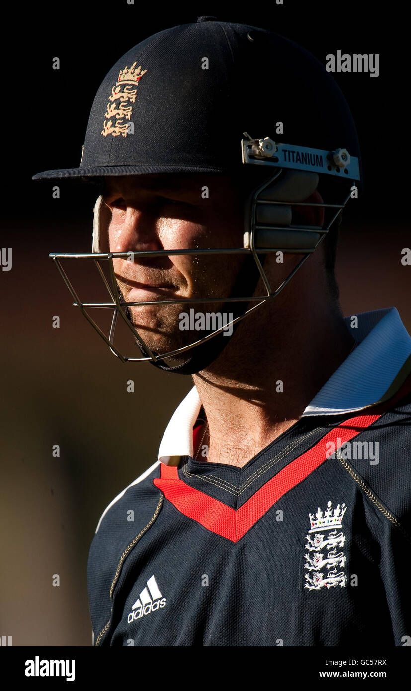 England's Jonathan Trott leaves the field after he is bowled by Diamond Eagles's Ryan Bailey during the tour match at the University of Free State, Bloemfontein, South Africa. Stock Photo