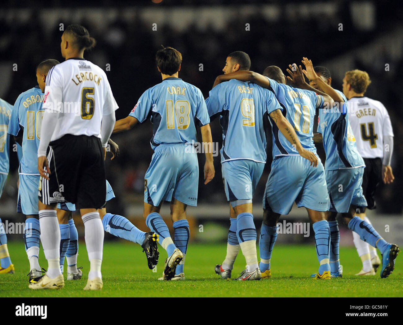 Coventry City's Leon Best (centre) is congratulated by team mates after scoring during the Coca-Cola Championship match at Pride Park, Derby. Stock Photo