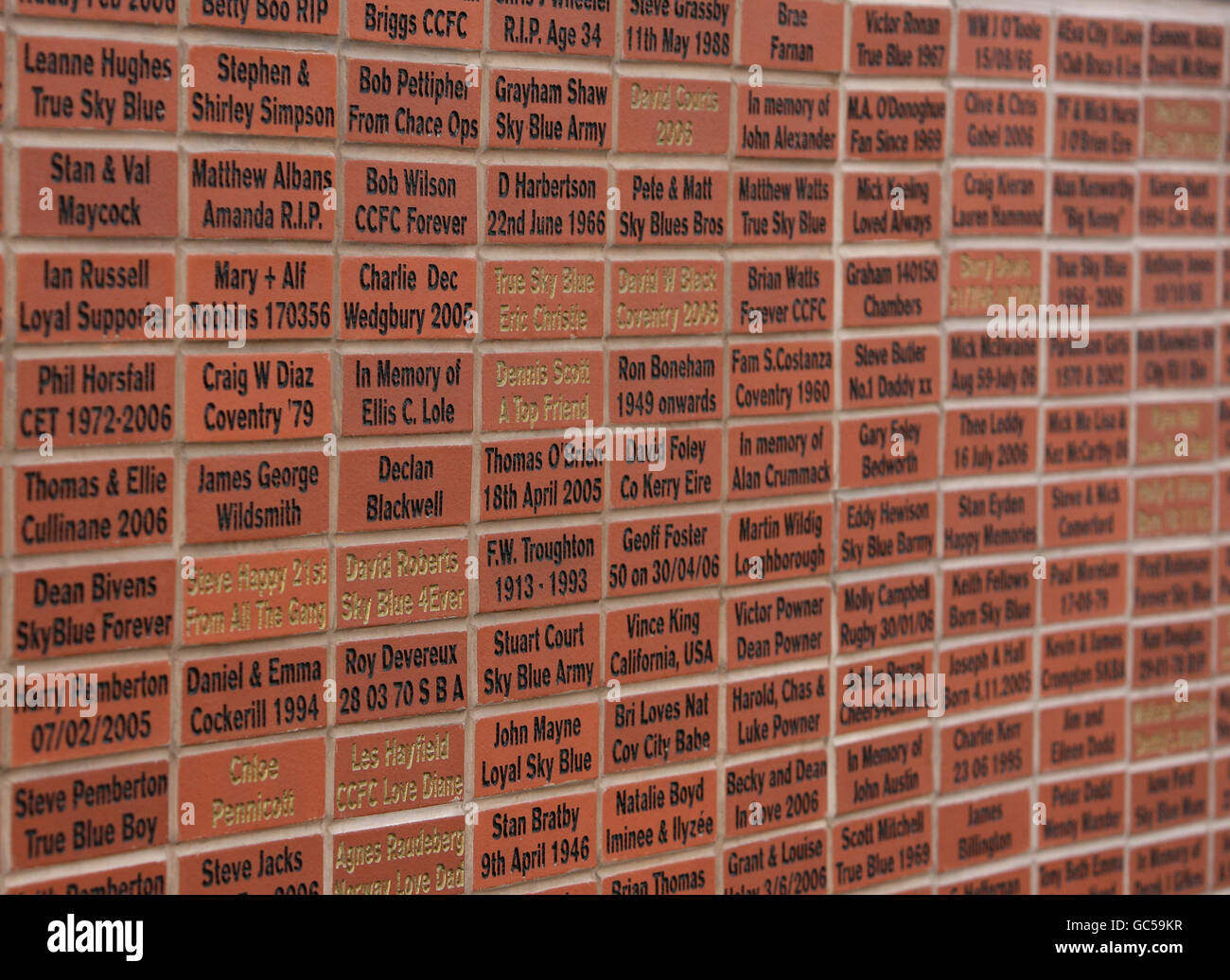 Soccer - Coca-Cola Football League Championship - Coventry City v Reading - Ricoh Arena. A brick wall engraved with messages from Coventry City fans at the Ricoh Arena, Coventry. Stock Photo