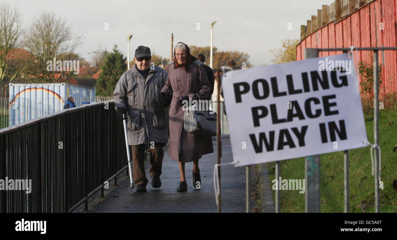 Voters leave the polling station at Scaraway Nursery School as voting gets underway in the North East by-election. Stock Photo