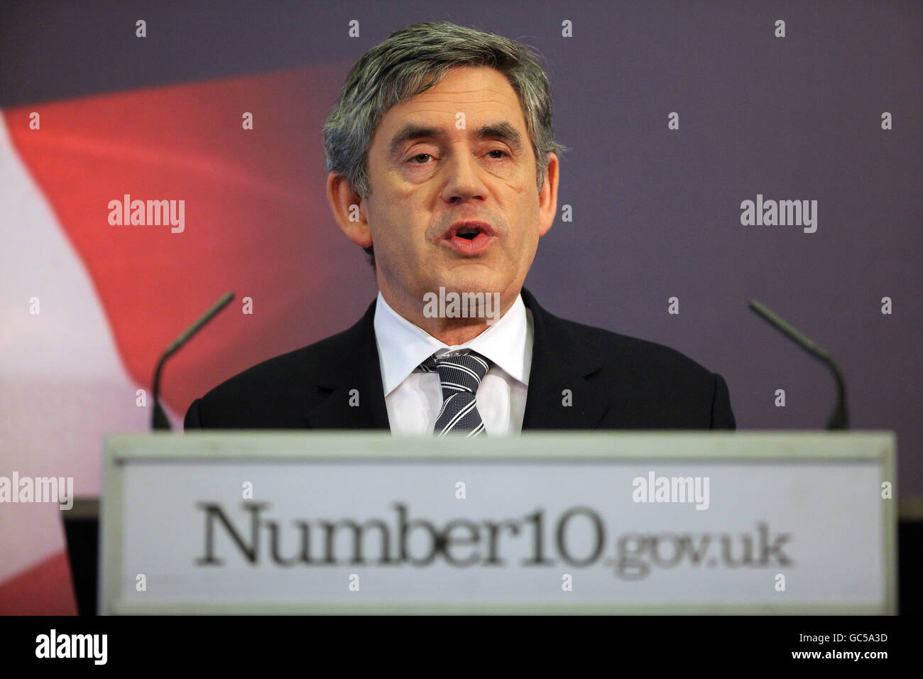 Prime Minister Gordon Brown delivers a speech to party members at Ealing Town Hall, west London, where he announced a review of student visas to clamp down on people applying to study in the UK with the intention of working illegally when they get here. Stock Photo