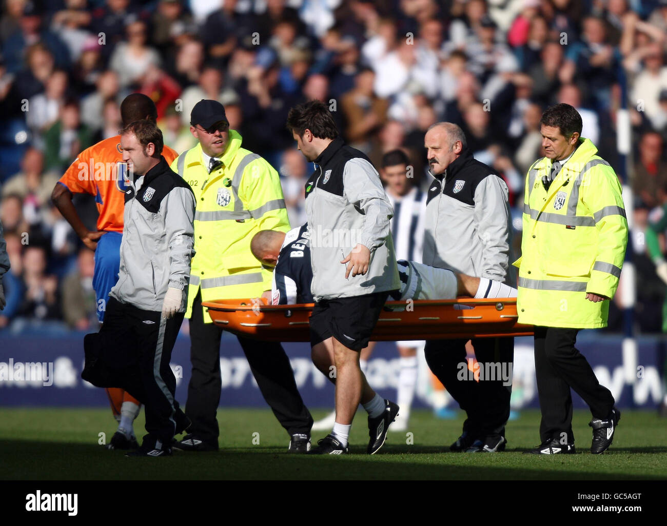 West Bromwich Albion's Roman Bednar is carried off injured on a stretcher during the Coca-Cola Championship match at The Hawthorns, West Bromwich. Stock Photo