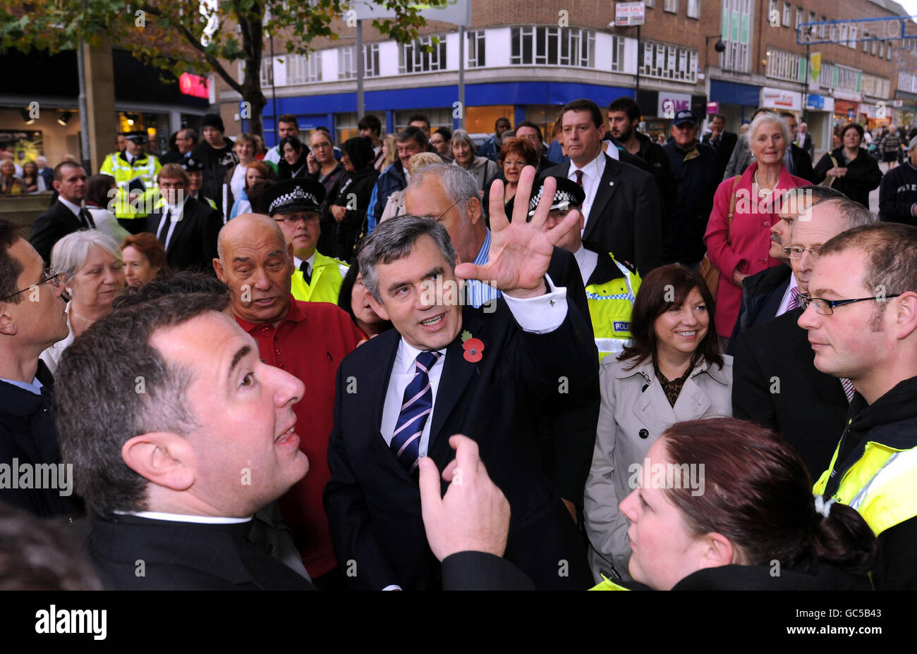The Prime Minister Gordon Brown meets shoppers during a walkabout in Wakefield City centre today following his visit to the Town Hall where he was told about Crime initiatives in Wakefield. Stock Photo