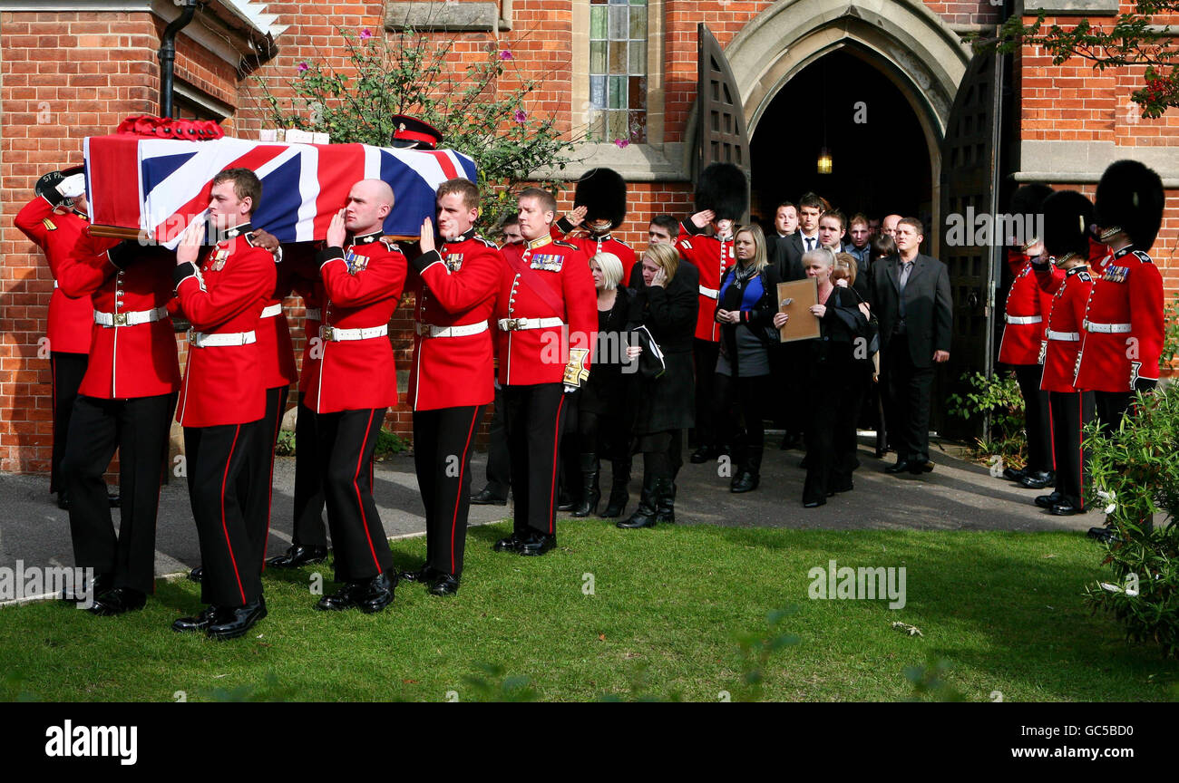The coffin of Guardsman Jamie Janes of the 1st Battalion Grenadier Guards, leaves St Philips Church in Hove, East Sussex, following his death in Afghanistan earlier this month. Stock Photo
