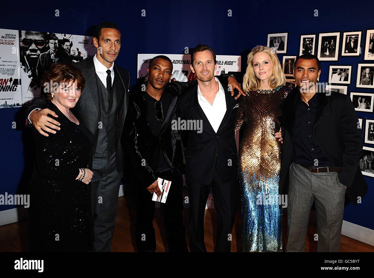 (left to right) Brenda Blethyn, Rio Ferdinand, Ashley Walters, Alex De Rakoff, Monet Mazur and Ashley Cole arriving for the world premiere of Dead Man Running at the Odeon West End, Leicester Square, London Stock Photo