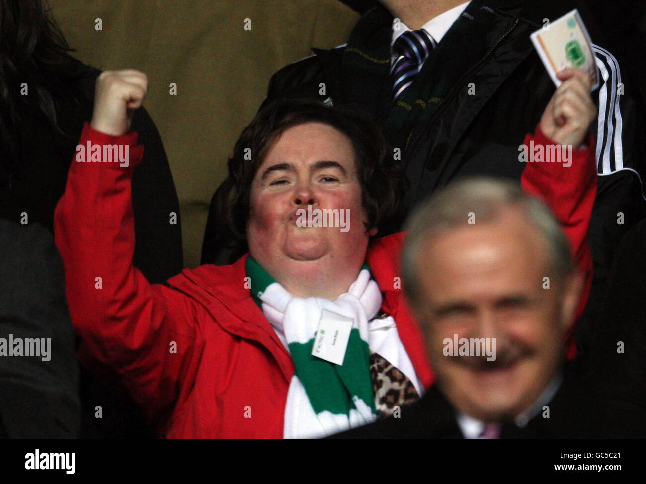 Britain's Got Talent contestant Susan Boyle in the crowd for the UEFA Europa League Group Match at Celtic Park, Glasgow. Stock Photo