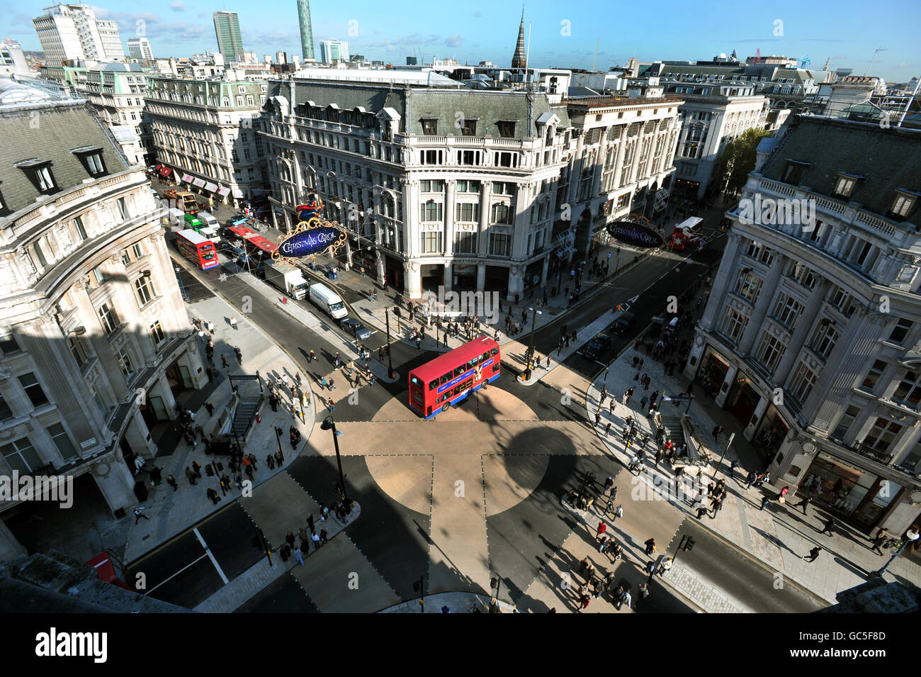 A general view of the new diagonal pedestrian crossing at Oxford Circus in London's West End, seen from the top of an adjacent building. Stock Photo
