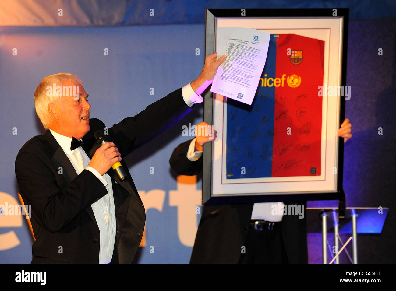 Soccer - Liverpool Unites Charity Dinner - Goodison Park. A signed Barcelona shirt is auctioned off Stock Photo