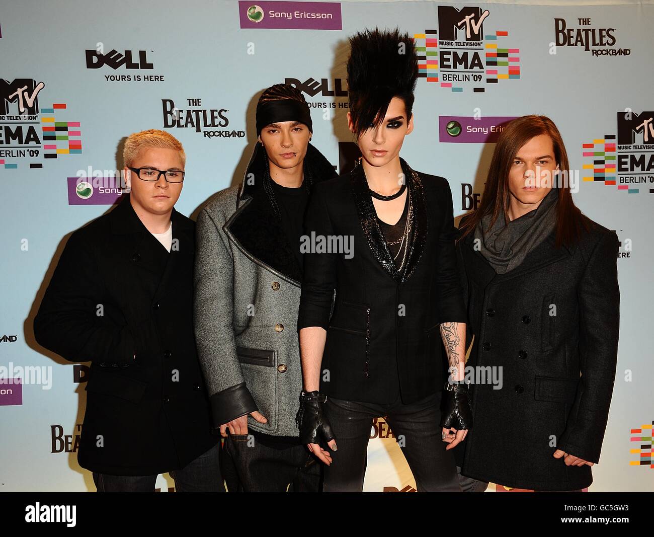 (left to right) Gustav Schaefer, Tom Kaulitz, Bill Kaulitz and Georg Listing of Tokio Hotel arriving for the 2009 MTV Europe Music Awards at O2 World in Berlin, Germany. Stock Photo
