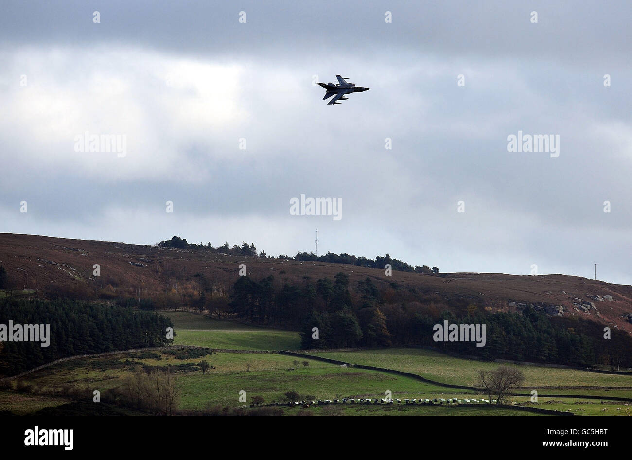 A Tornado takes part in a low flying exercise near Rothbury in Northumberland. Stock Photo