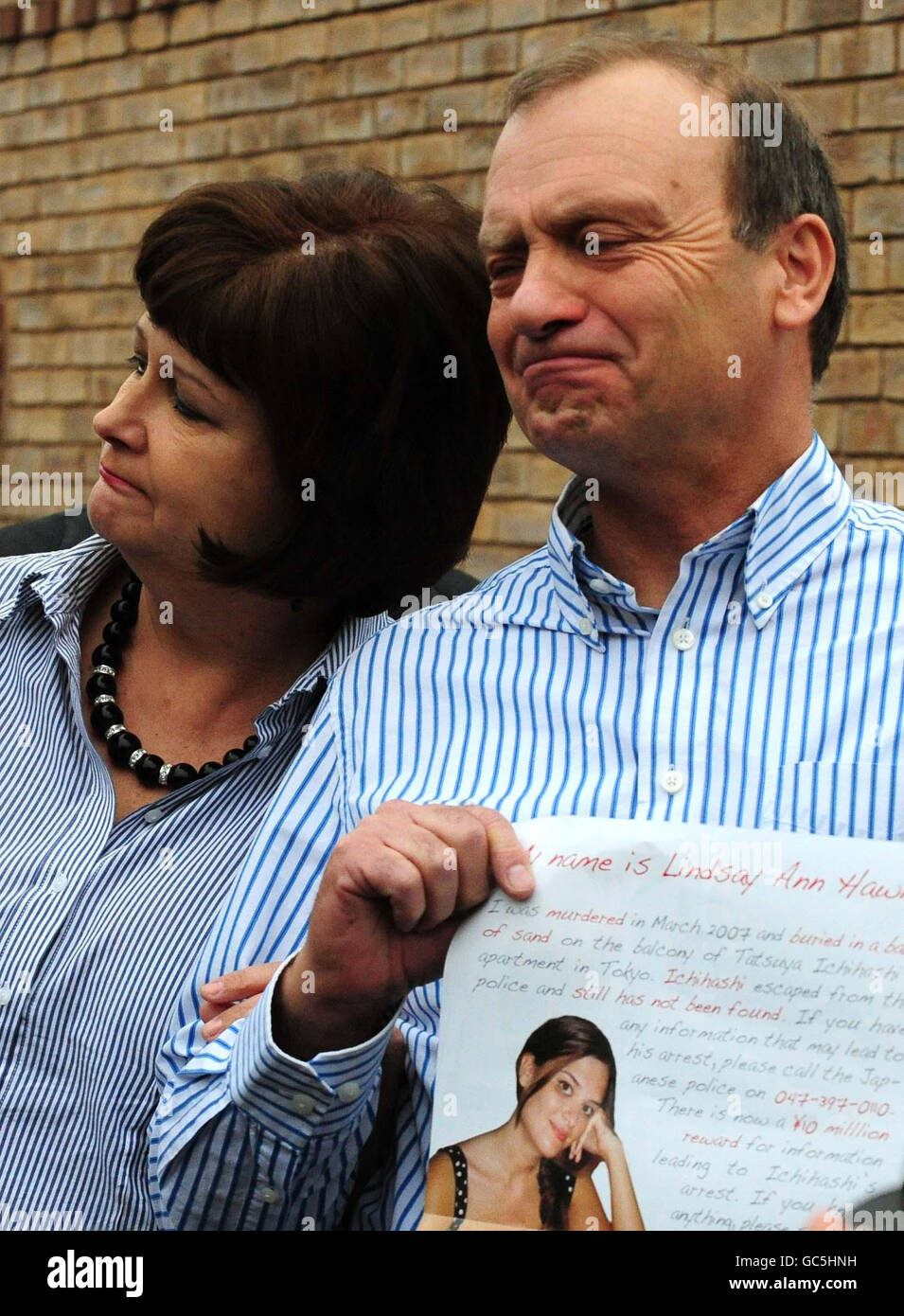 The mother and father of British teacher, Lindsay Ann Hawker who was murdered in Japan, Bill and Julia Hawker, speak to the media outside their home in Brandon, Coventry, following the arrest of her suspected killer. Stock Photo