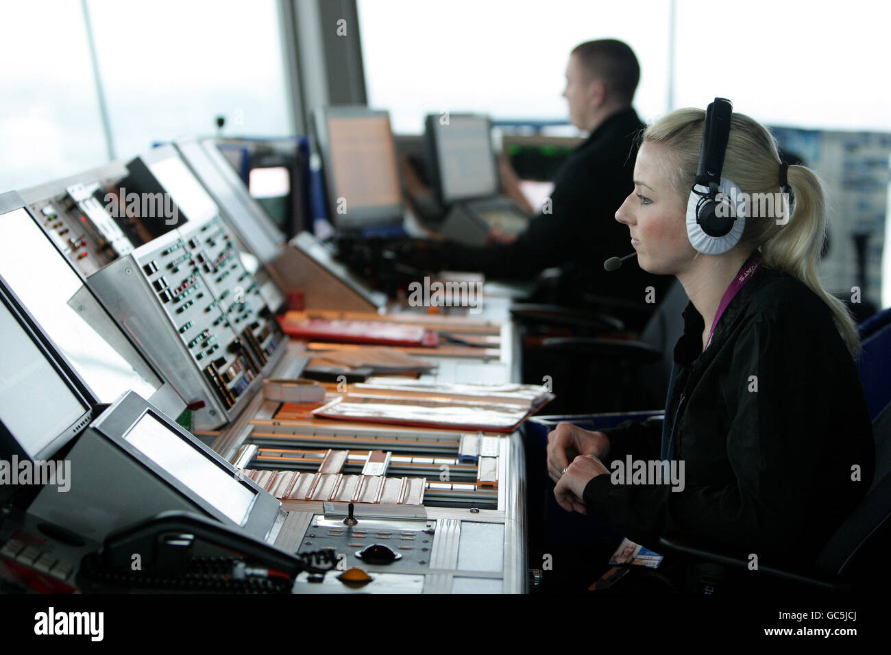 General view of staff inside the Air Traffic Control Tower at Manchester Airport. Stock Photo