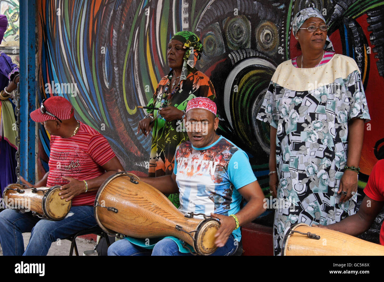 Musicians performing at Callejon de Hamel (Hamel's Alley) in Cayo Hueso neighborhood, Havana, Cuba Stock Photo