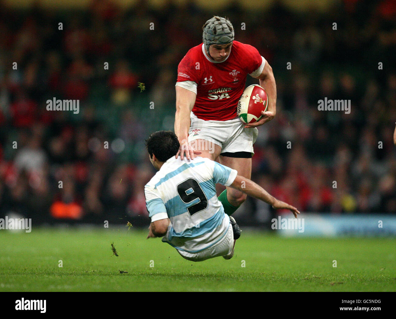 Wales's Jonathan Davies tries to burst through the tackle of Argentina's Augustin Figuerola during the Invesco Perpetual Series match at the Millennium Stadium, Cardiff. Stock Photo