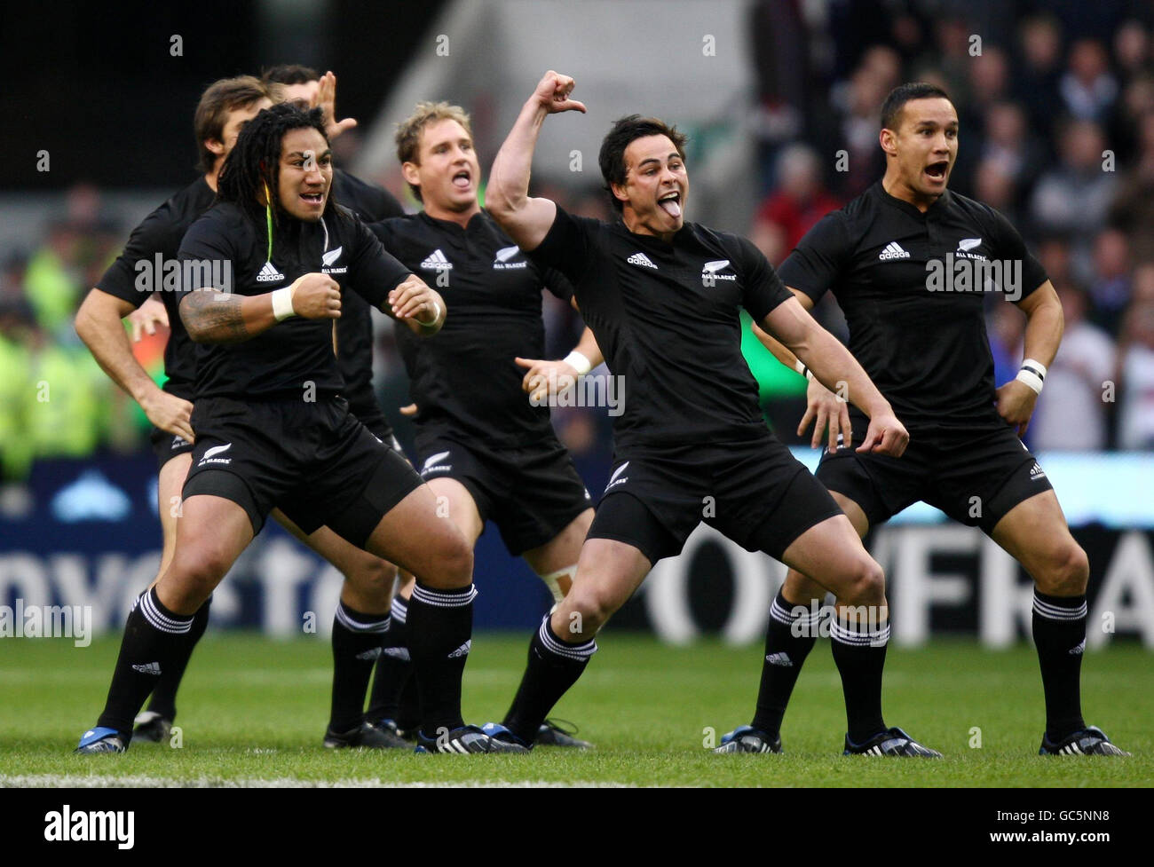 All Blacks (left to right) Ma'a Nonu, Zac Guildford and Tamati Ellison perform the Haka before the Investec Challenge Series 2009 match at Twickenham, London. Stock Photo