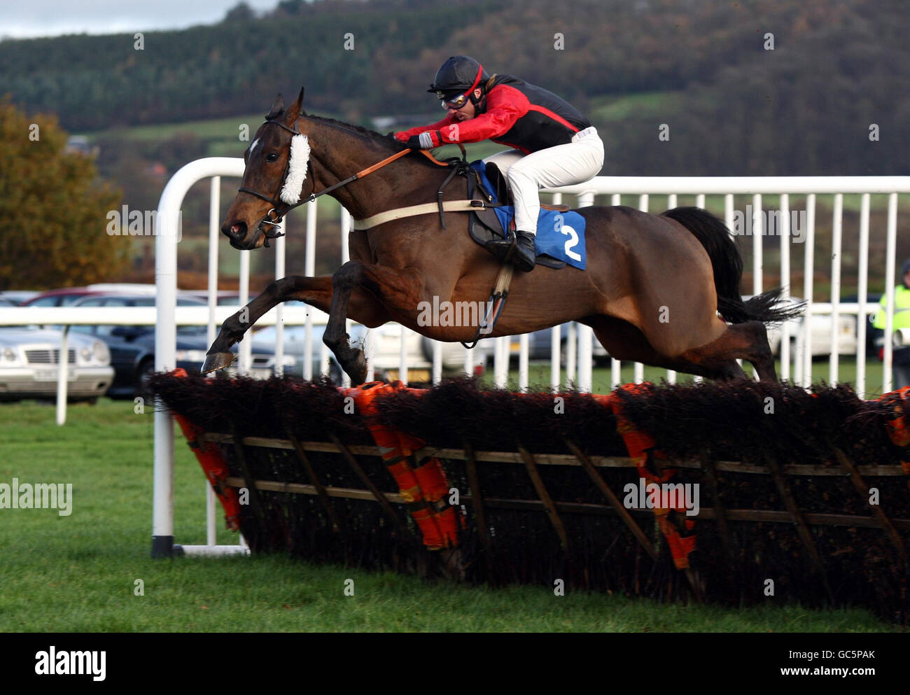 Shore Thing ridden by Jimmy McCarthy on their way to victory in the Clive Claiming hurdle race at Ludlow Racecourse. Stock Photo