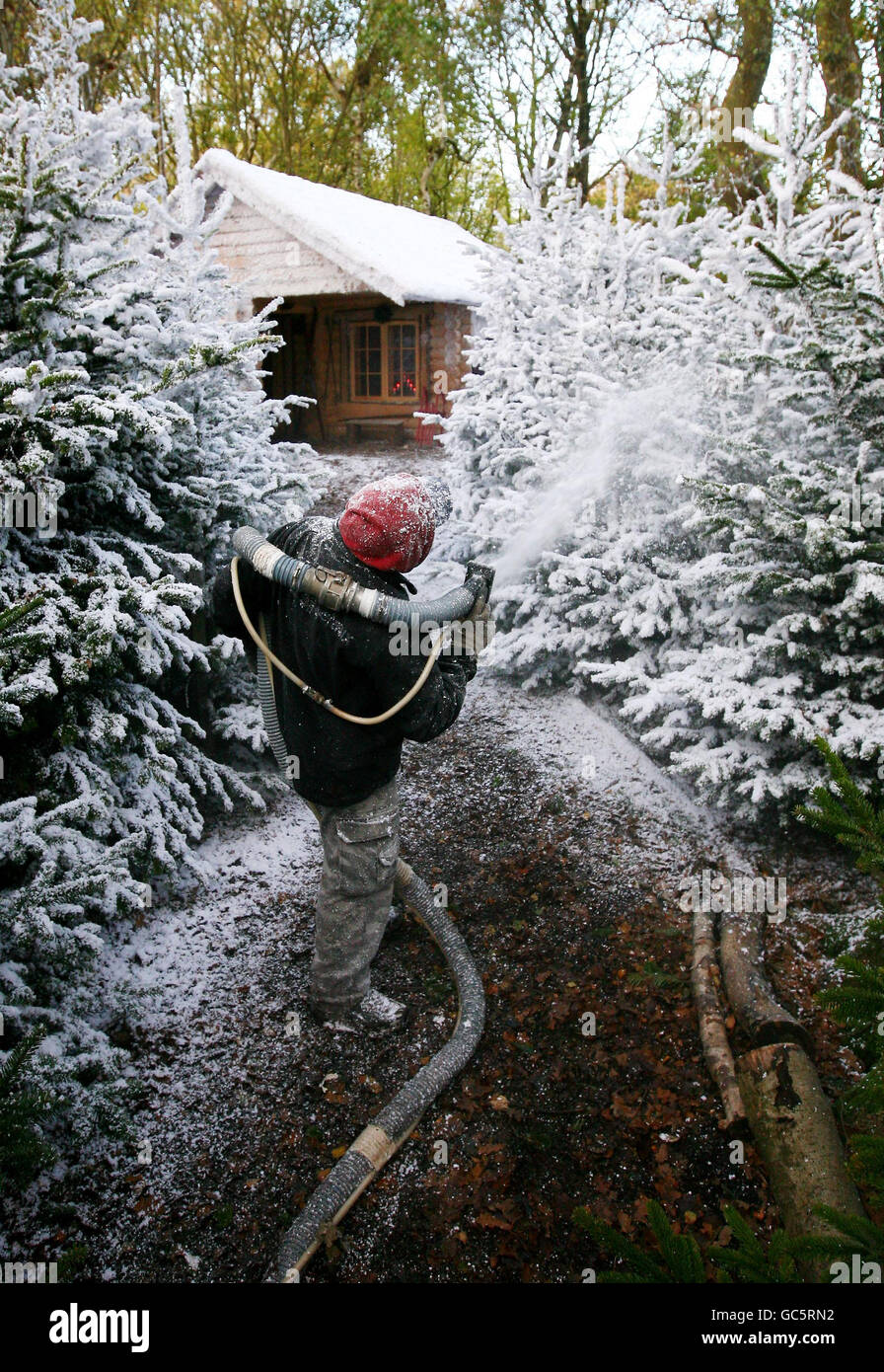 Artificial snow is sprayed on to trees as the final touches are put to