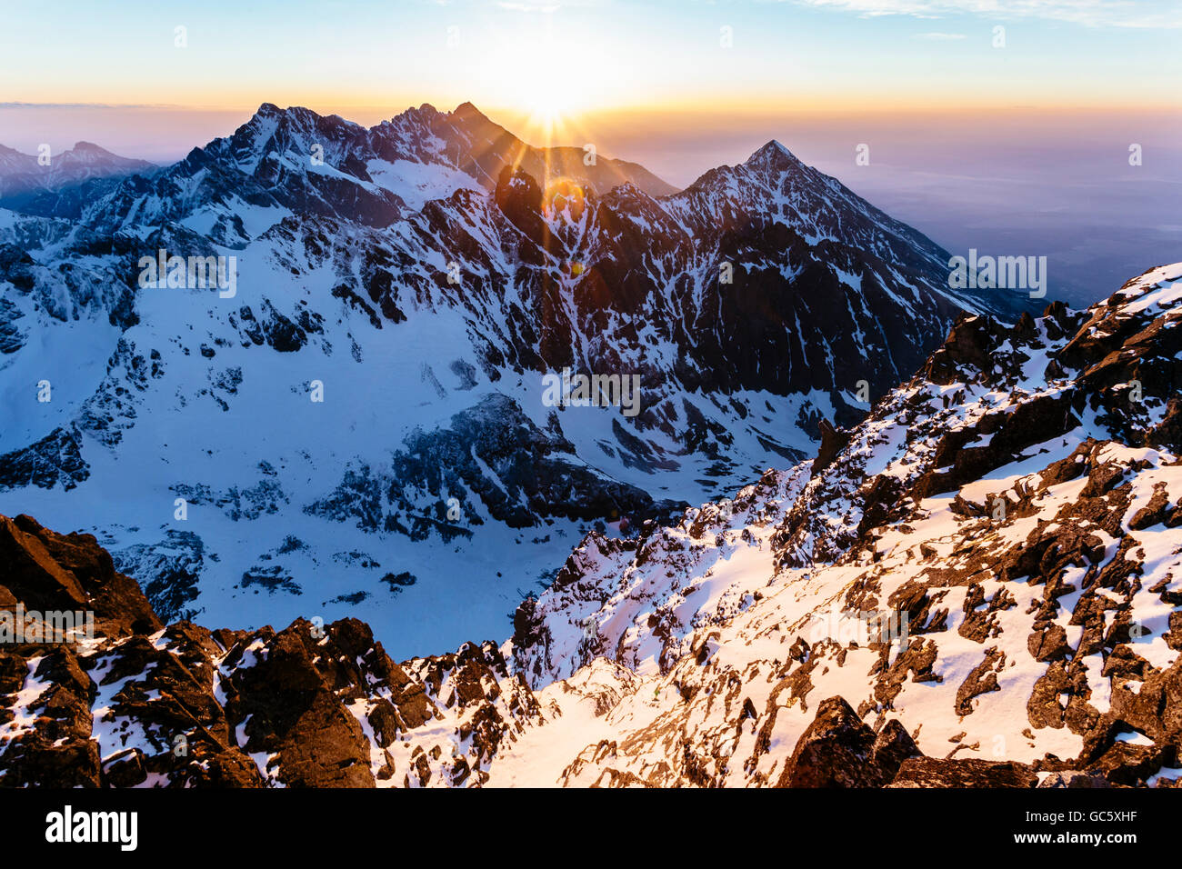 Sunrise at the snowy mountains in Slovakia Stock Photo