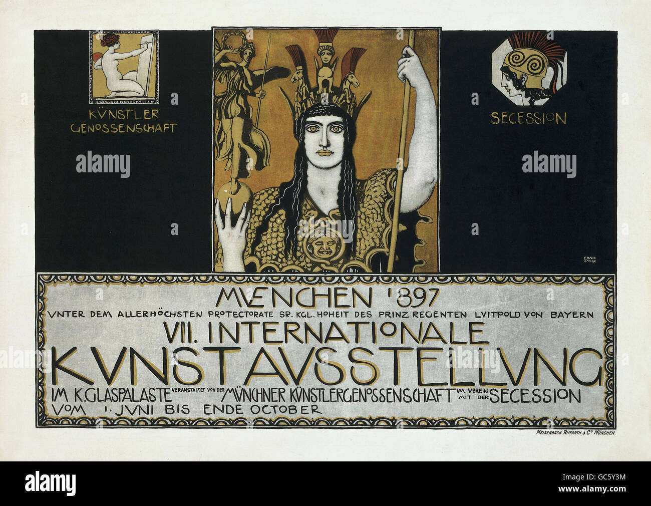 exhibitions, fine arts, 7th International Art Exhibition, poster by Franz von Stuck (1863 - 1928), autotype, print: Meisenbach Riffarth & Co., Munich, 60 x 87.5 cm, Munich City Museum, 1897, Additional-Rights-Clearences-Not Available Stock Photo