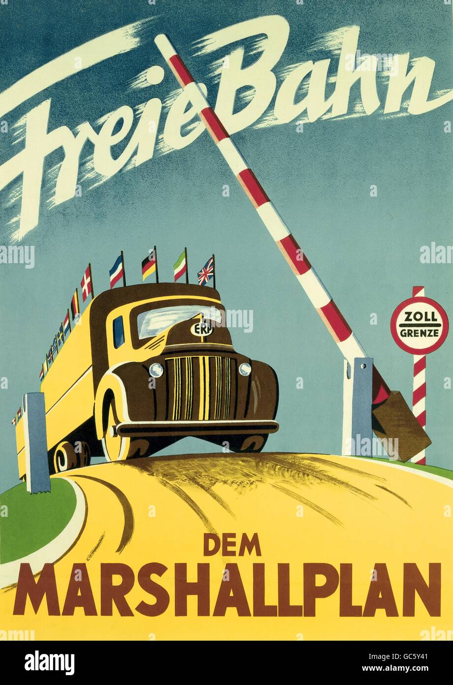 post war period, Germany, reconstruction, European Recovery Programm 1948 - 1952, poster, 'Freie Bahn dem Marshallplan', Additional-Rights-Clearences-Not Available Stock Photo