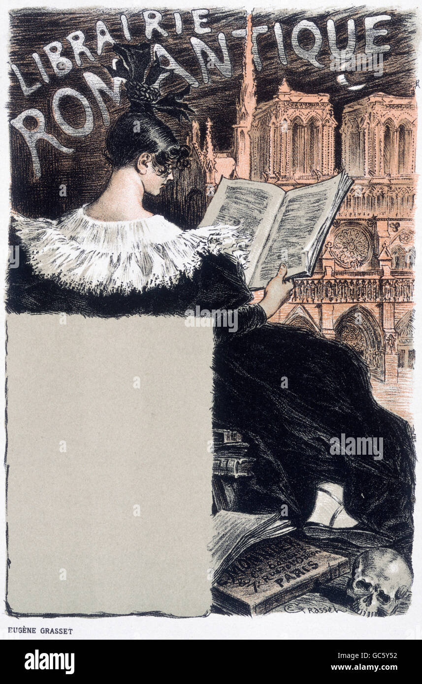 literature, books, advertising poster for Monnier and Cie., woman reading, by Eugene Grasset (1845 - 1917), 1896, from 'The modern poster', by Jean Louis Sponsel, 1897, Additional-Rights-Clearences-Not Available Stock Photo