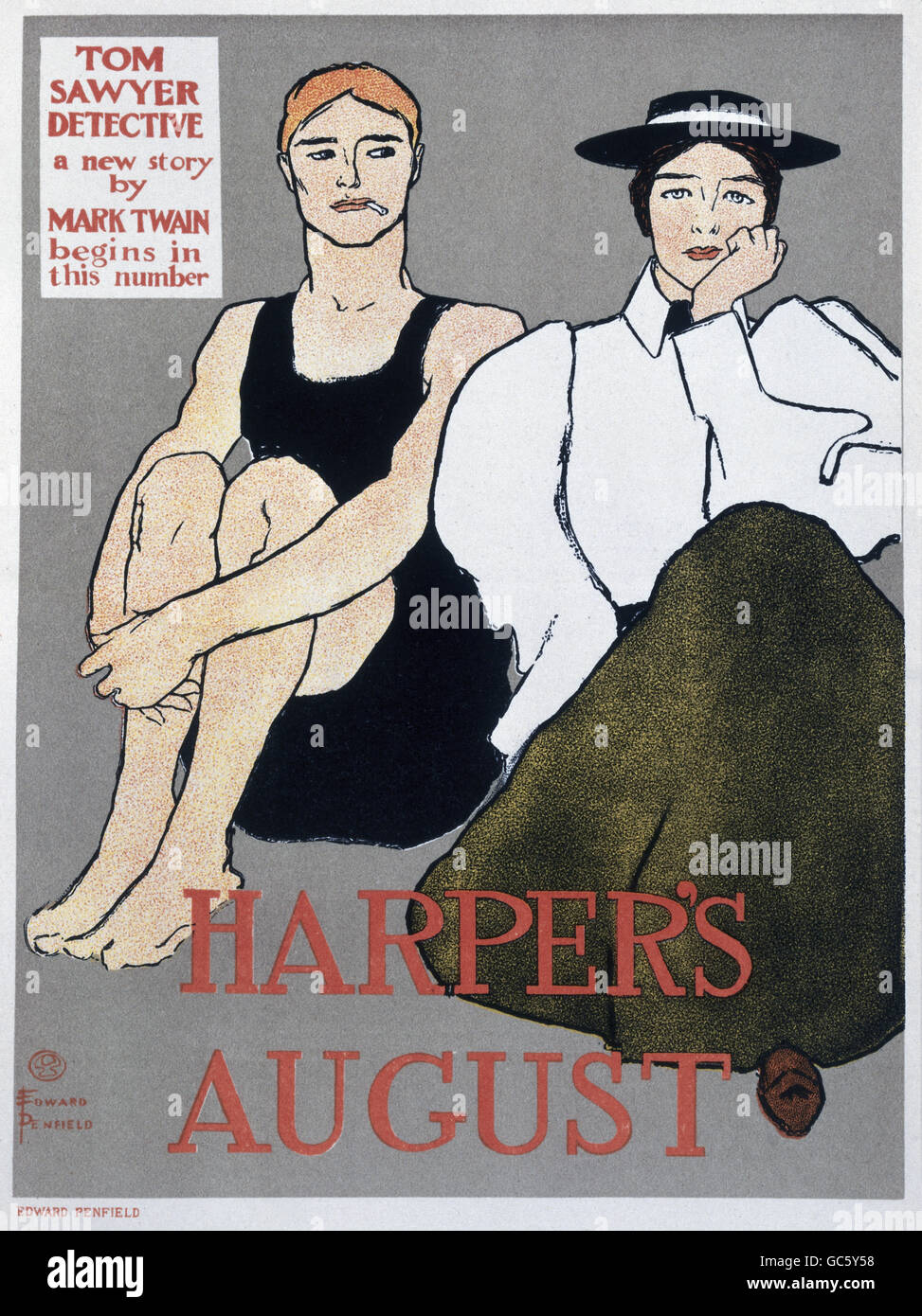 press / media, magazines, 'Harper's Magazine', poster, advertising for August edition, coloured lithograph, by Edward Penfield (1866 - 1925), 1896, from 'The mordern poster', by Jean Louis Sponsel, Additional-Rights-Clearences-Not Available Stock Photo