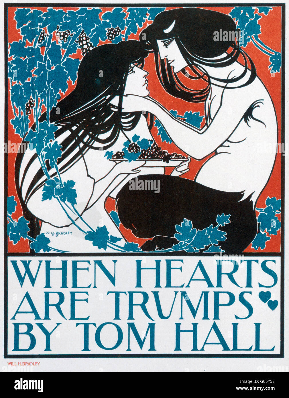 literature, book covers and titles, 'When Hearts Are Trumps', by Tom Winthrop Hall, 1894, lithograph, by Will Bradley (1868 - 1962), 1890, from 'The modern poster', by Jean Louis , Additional-Rights-Clearences-Not Available Stock Photo