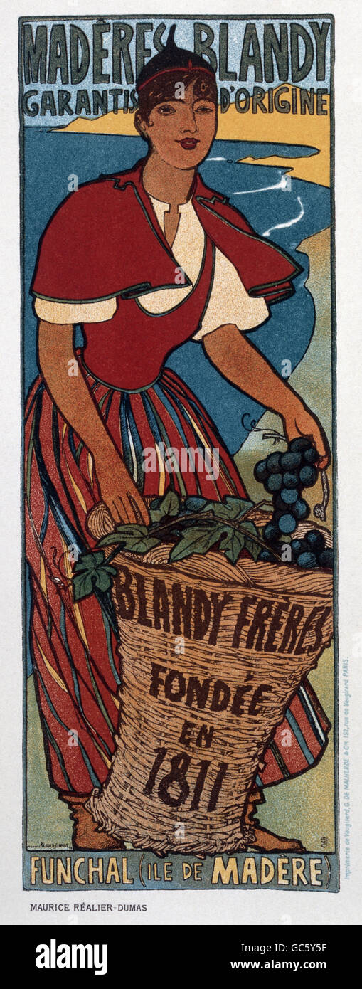 alcohol, grape wine, poster, advertising for Madeira, 'Maderes Blandy', 1896, by Maurice Realier - Dumas (1860 - 1928), from 'The modern poster', by Jean Louis Sponsel, 1897, Additional-Rights-Clearences-Not Available Stock Photo