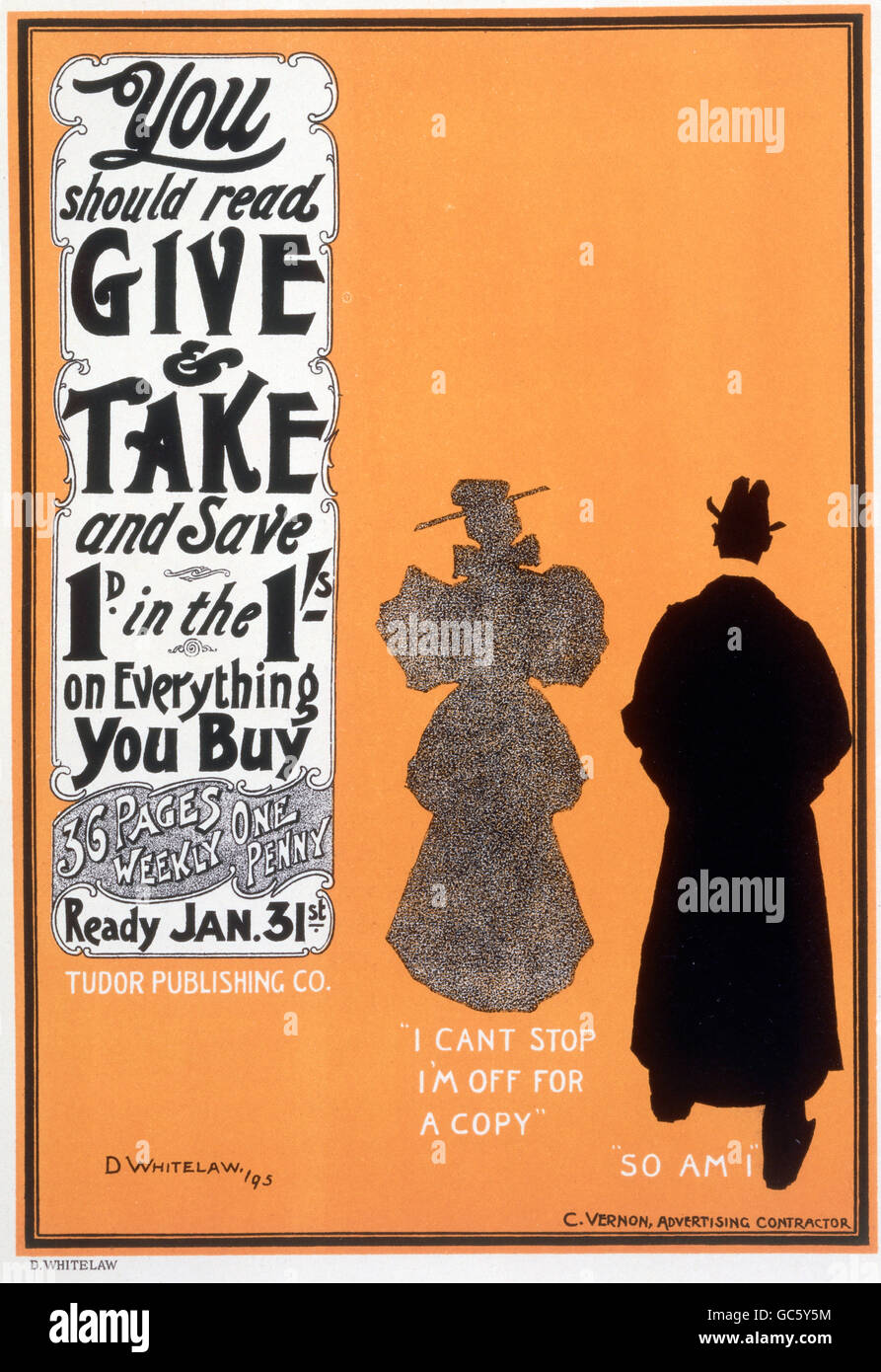 press / media, magazines, 'Give and Take', advertising poster by David Whitelaw (1875 - 1970), 1895, from 'The modern poster', by Jean Louis Sponsel, 1897, Additional-Rights-Clearences-Not Available Stock Photo