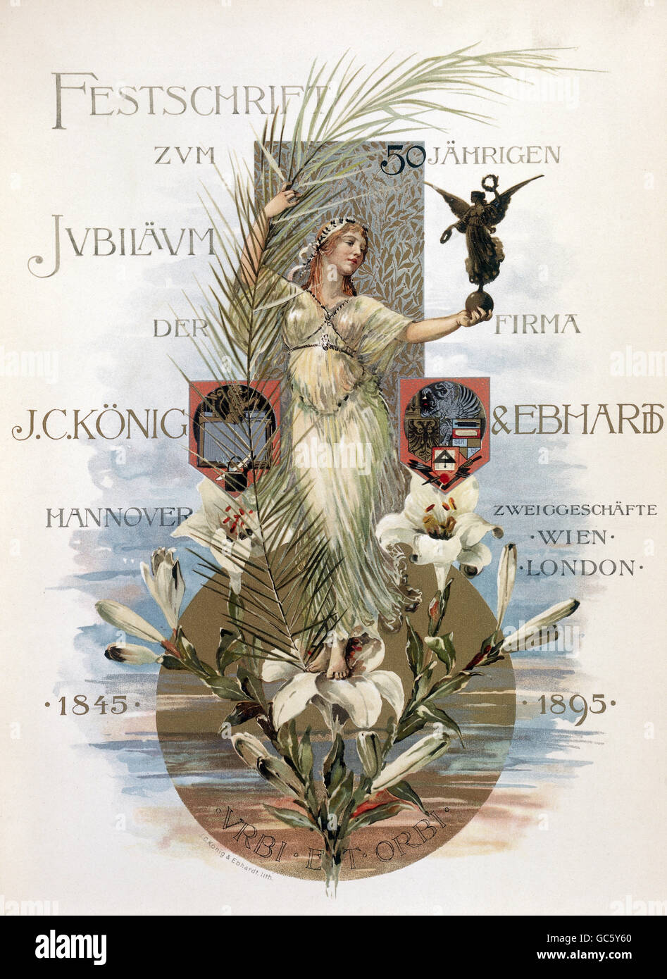 documents, commemorative publication for the 50th anniversary of company, J.C. König und Eberhardt, title, watercolour, 1895, 19th century, historic, historical, document, anniversary, anniversaries, 50 years, fifty years, 50, fifty, allegory, allegoric, goddess, symbol, people, Additional-Rights-Clearences-Not Available Stock Photo