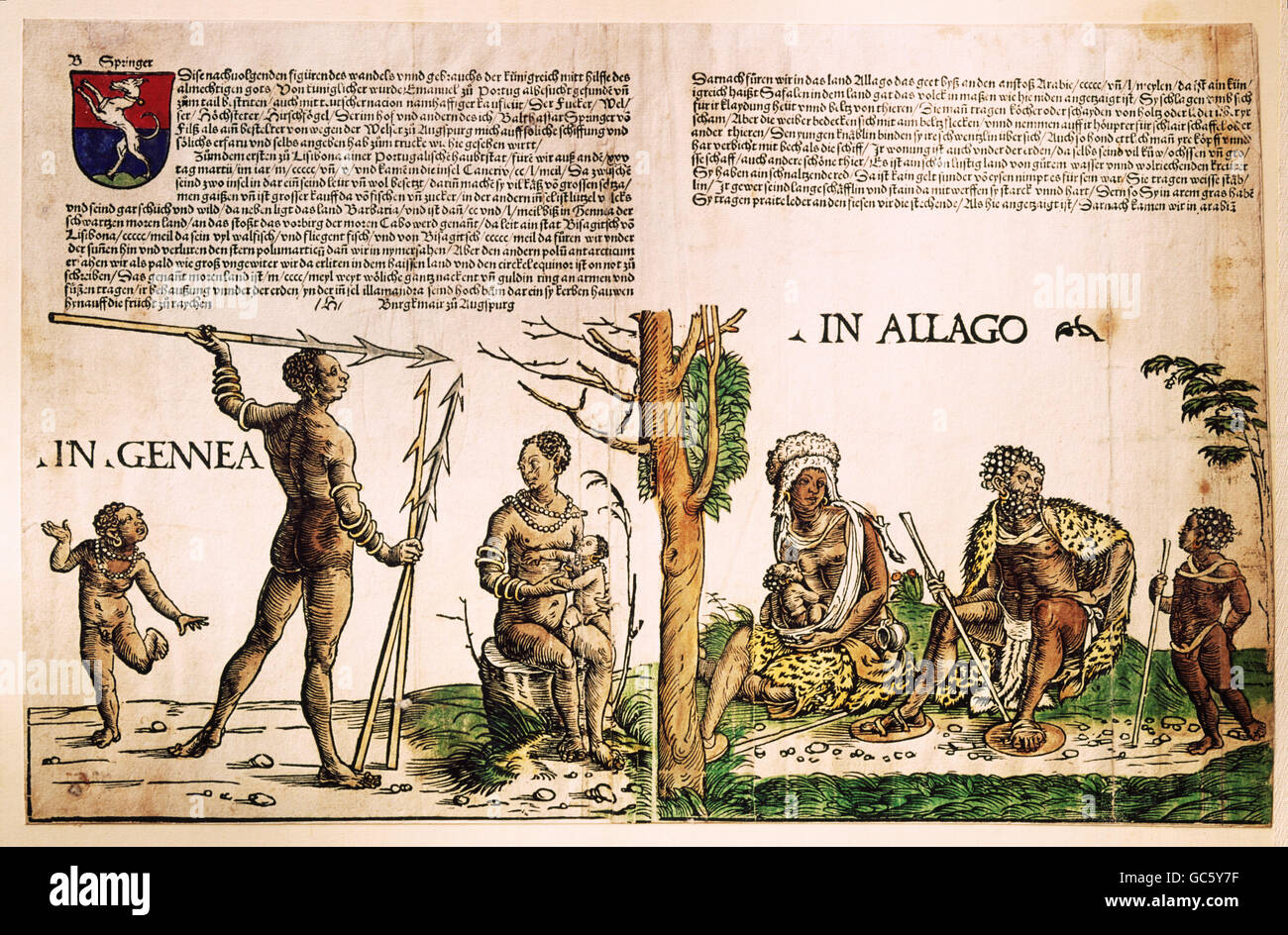 people, ethnics, Africa, Guinea and Allago, woodcut by Hans Burgkmair the Elder (1473 - 1531), Welser chronicle, Venezuela expedition, sheet 1, Additional-Rights-Clearences-Not Available Stock Photo