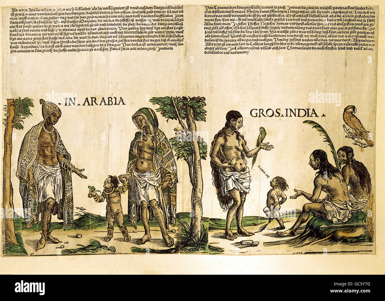 people, ethnics, Asia, Arabia and India, woodcut by Hans Burgkmair the Elder (1473 - 1531), Welser chronicle, Venezuela expedition, sheet 2, Additional-Rights-Clearences-Not Available Stock Photo