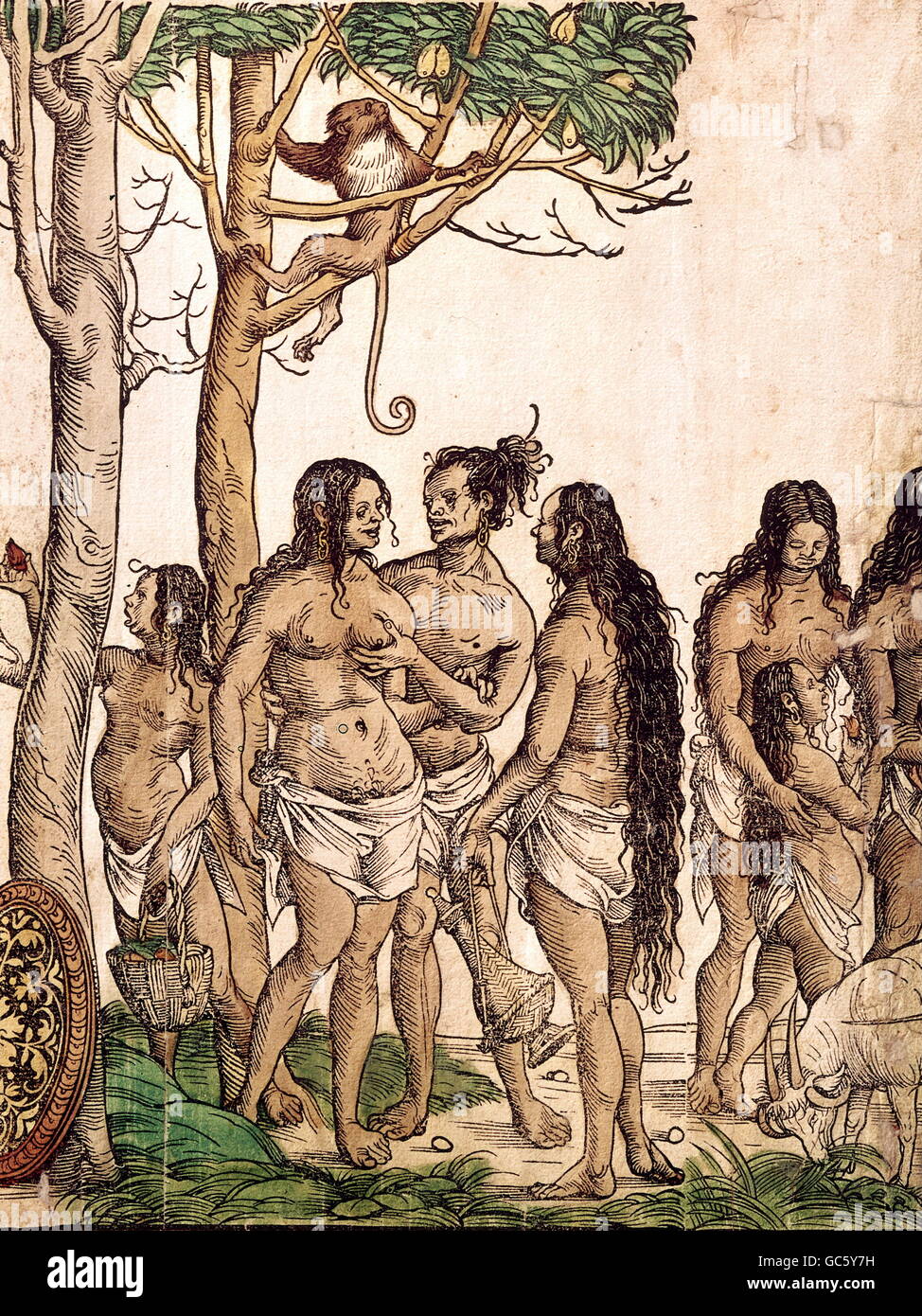 people, ethnics, America, Red Indians, woodcut by Hans Burgkmair the Elder (1473 - 1531), Welser chronicle, Venezuela expedition, sheet 3, Additional-Rights-Clearences-Not Available Stock Photo