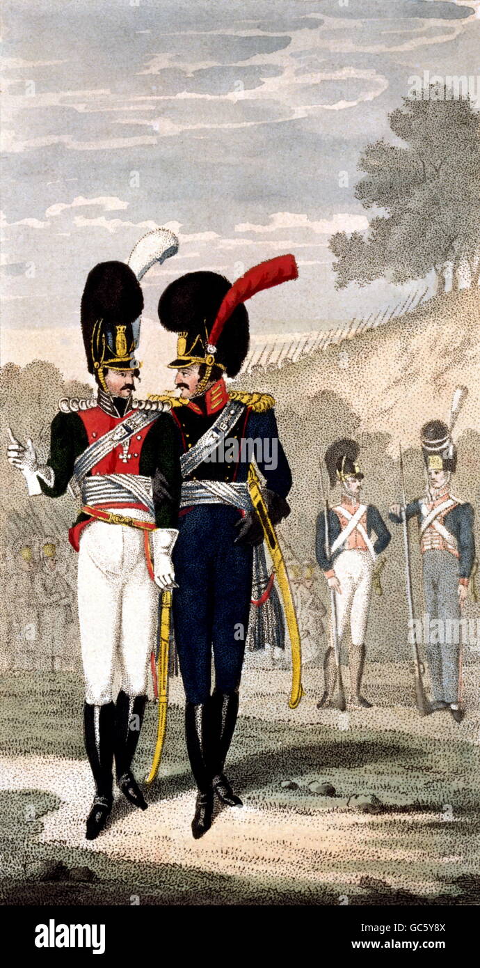 military, Bavaria, officers of the light cavalry (Cheveaulegers, left) and artillery (right), first half of the 19th century, lithograph by Georg Opiz (1775 - 1841), historic, historical, captain, capitaine, officer, uniform, helmet, sash, kingdom, people, Additional-Rights-Clearences-Not Available Stock Photo
