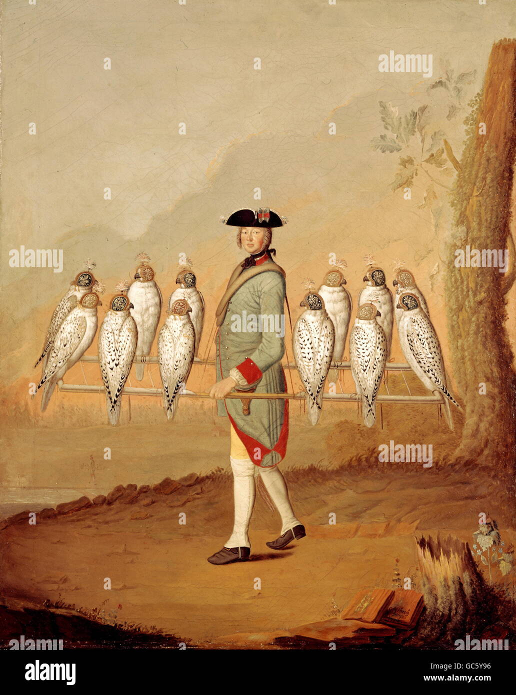 hunting, falconry, falconer with hunting falcons, painting by Christoph