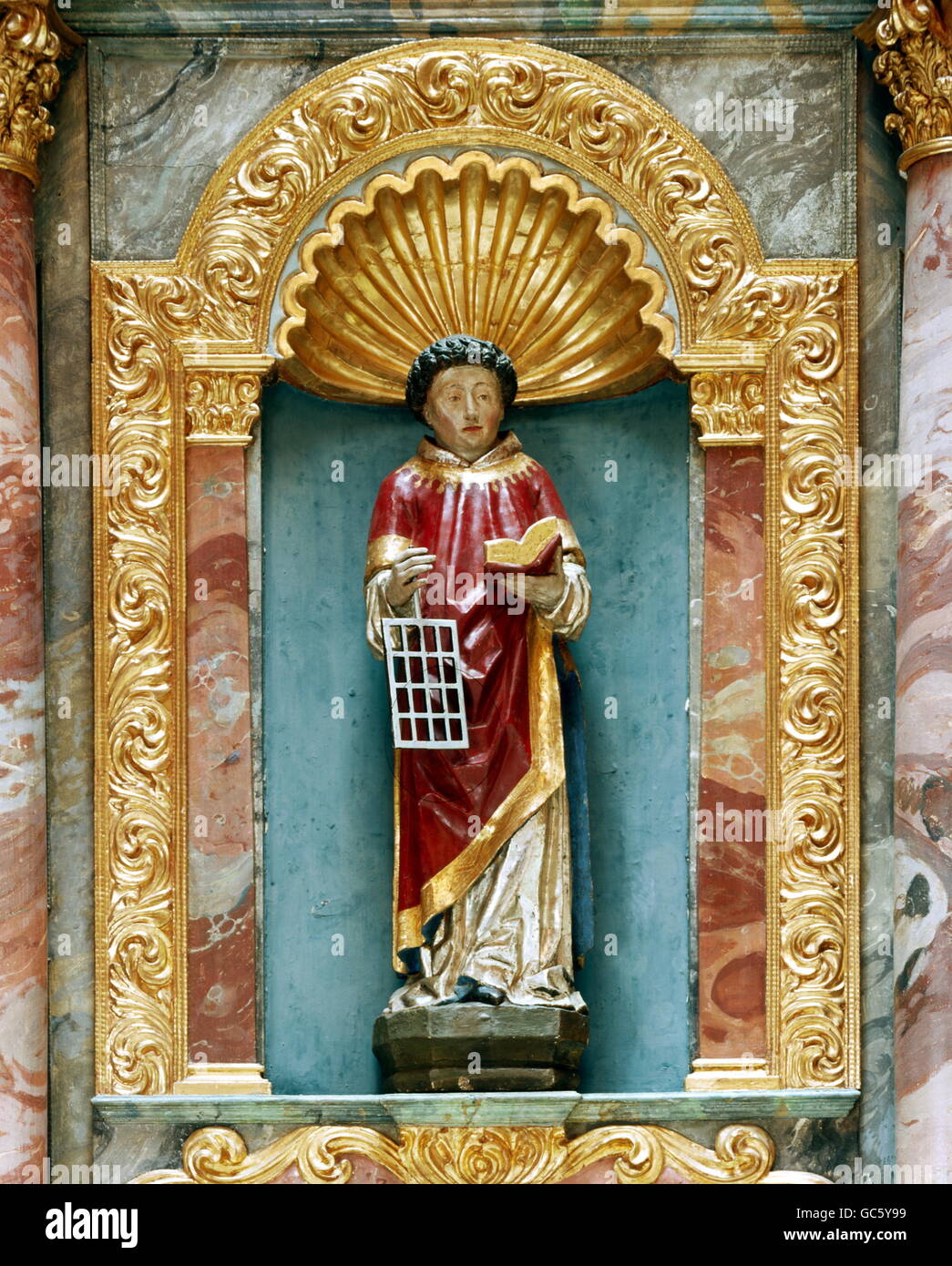 fine arts, religious art, saints, saint Laurentius (+ 10.8.258), sculpture, wooden, carving, Denkendorf church, Middle Franconia, Spanish, deacon in Rome, martyr of the Christian persecution under emperor Valerianus, religion, Christianity, sculpture, chaplain, chaplains, clergyman, clergymen, cleric, clerics, ecclesiastic, historic, historical, people, ancient world, Additional-Rights-Clearences-Not Available Stock Photo