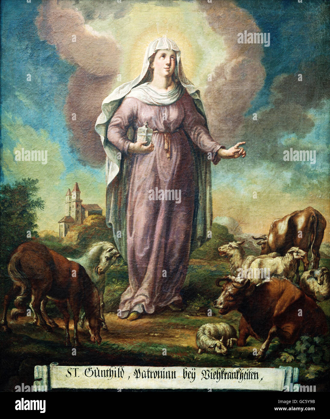 fine arts, religious art, saint, St. Gunhild of Biblisheim (+ 21.2.1131), painting by A. Weber, 1814, oil, village church Boehmfeld, Middle Franconia, district Eichstaett, Stock Photo