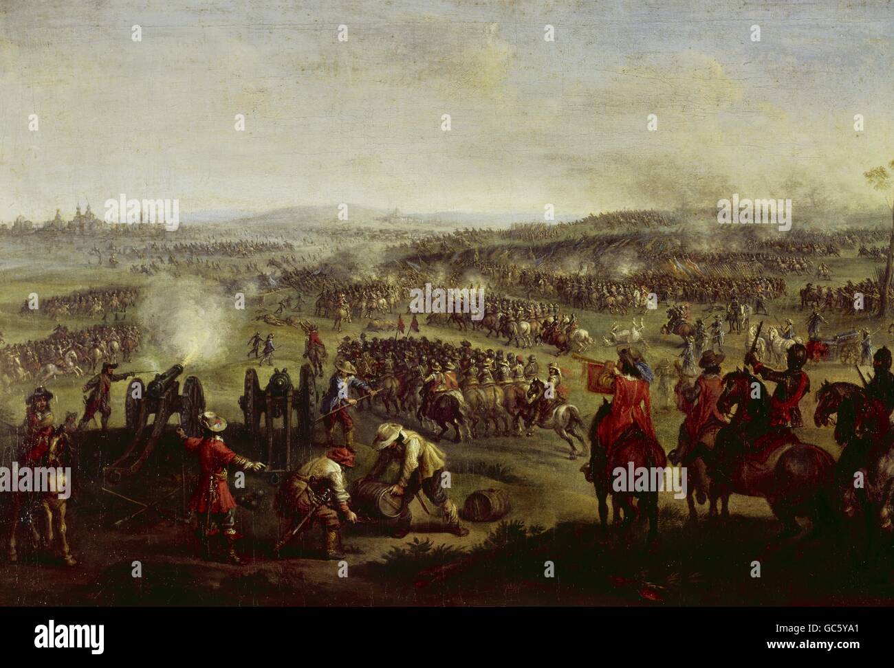 events, Thirty Years War 1618 - 1648, Bohemian-Palatinate War 1618 - 1626, Battle of White Mountain, 8.11.1620, painting, 17th century, Bavarian Army Museum, Ingolstadt, Imperial Army, Bohemian Uprising, Catholic League, cavalry, artillery, cannon, fine arts, baroque, Bohemian - Palatinate, soldiers, Bohemia, Czechia, historic, historical, people, Additional-Rights-Clearences-Not Available Stock Photo